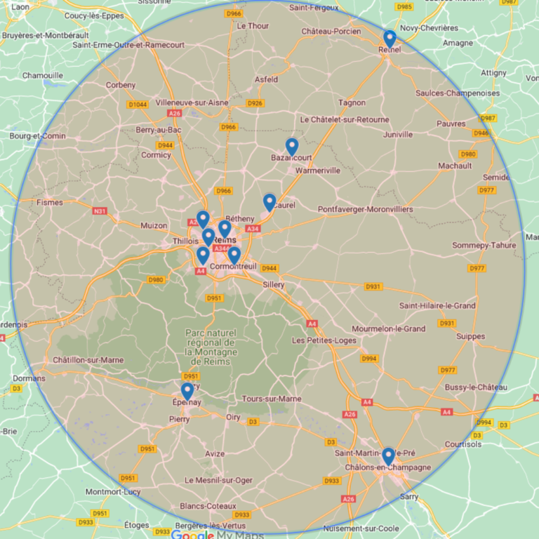 Carte sur les secteurs d'intervention de l'entreprise, épicentre Reims